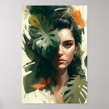 Frauenportrait, Tropische Blätter Mauer Kunstposte