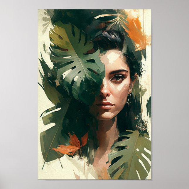 Frauenportrait, Tropische Blätter Mauer Kunstposte Poster (Vorne)