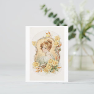 Frauenportrait umrahmt mit Gelben Rosen Postkarte