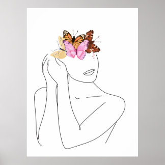 Frauenportrait und Schmetterlinge Linie Art Pos Poster
