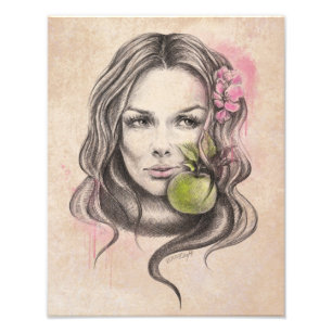 Frauenporträt mit Apfel und Blüte Surrealistische Fotodruck