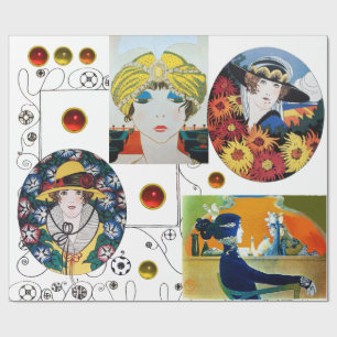 FRAUENPORTRÄTS, ART DECO SCHÖNHEIT MODE KOSTÜM GESCHENKPAPIER