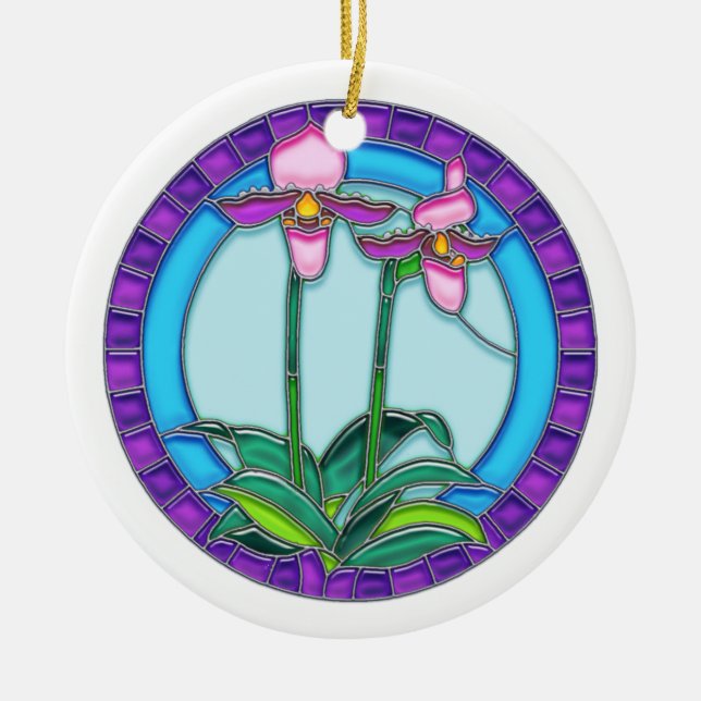 Frauenschuh Orchideen im KreisBuntglas Keramikornament (Vorne)