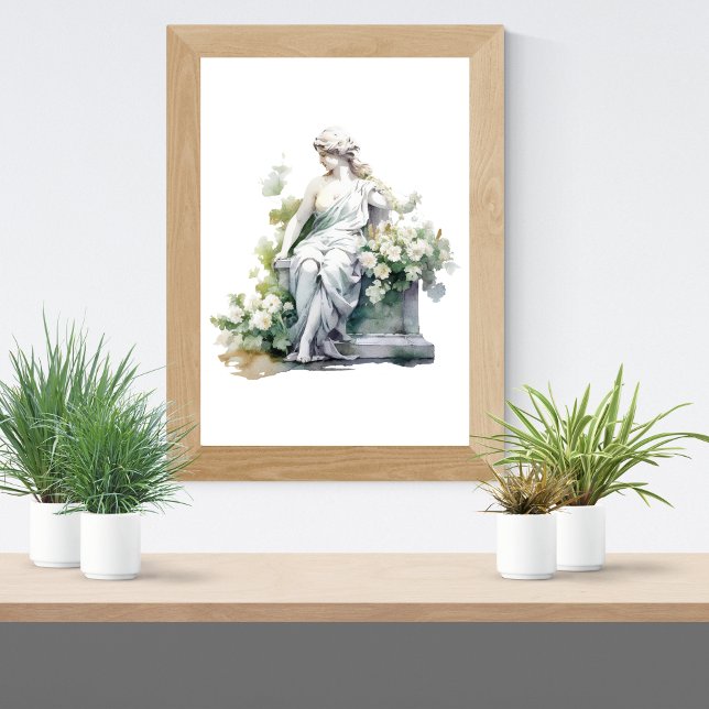 Frauenstatue im Garten Wasserfarben Weiße Flora Poster (Female Goddess Statue in Garden White Floral Watercolor Print)