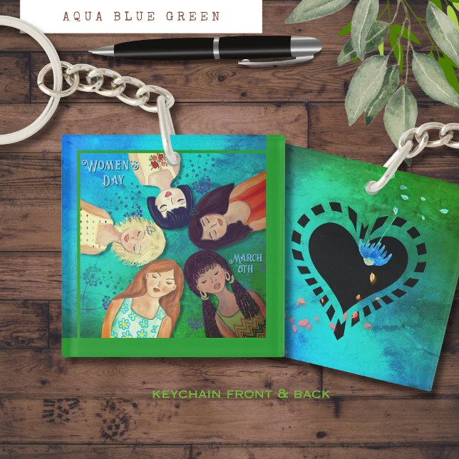 Frauentag Frauen Portraits Schlüsselanhänger (Women's Day Woman Portraits Aqua Square Keychain )