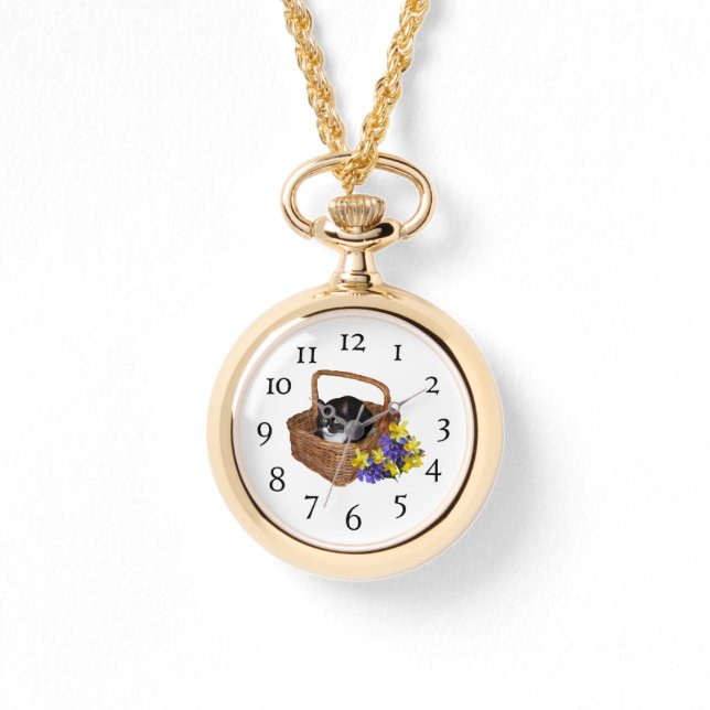 Frauenwache - Katze im Korb Armbanduhr (Vorderseite)