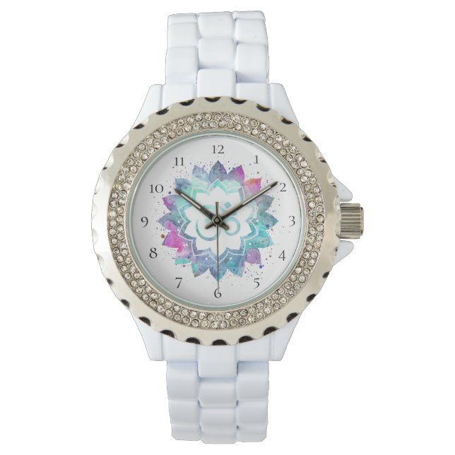 *~* Frauenweiße Om Neue Blume Lotus Mandala Armbanduhr (Vorderseite)