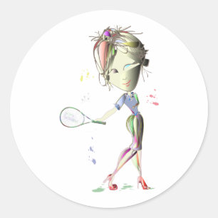 Fräulein-Sitz Mädchen spielt Tennisaufkleber Runder Aufkleber