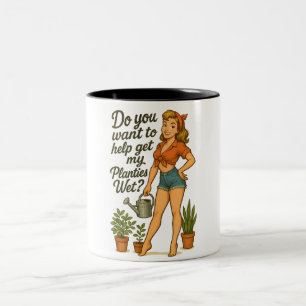 Freche Pin-Up-Gärtnerin Planties Pun Design Zweifarbige Tasse