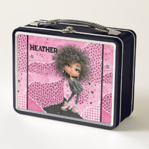 Freches Afro-Mädchen mit rosa Haaren personalisier Metall Brotdose