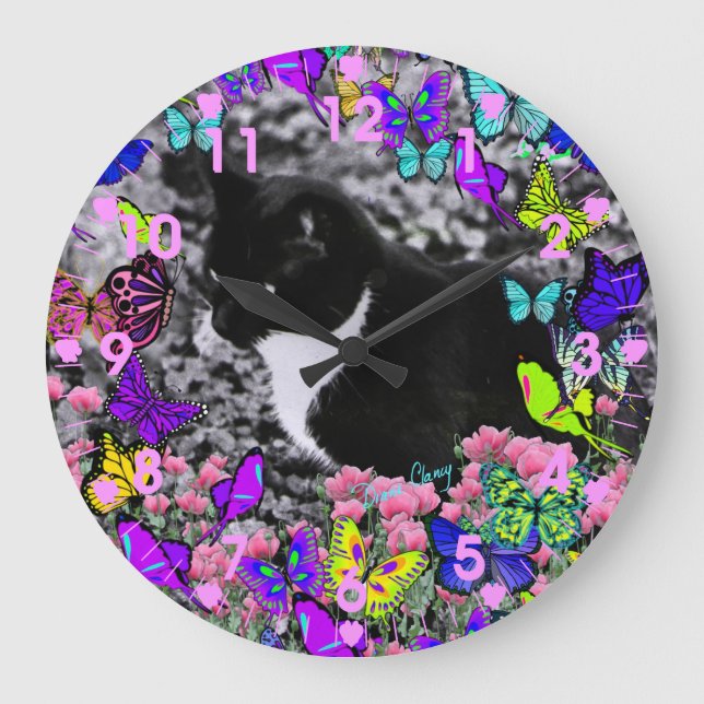 Freckles in Butterfells II - Tuxedo Cat Clock Große Wanduhr (Vorderseite)