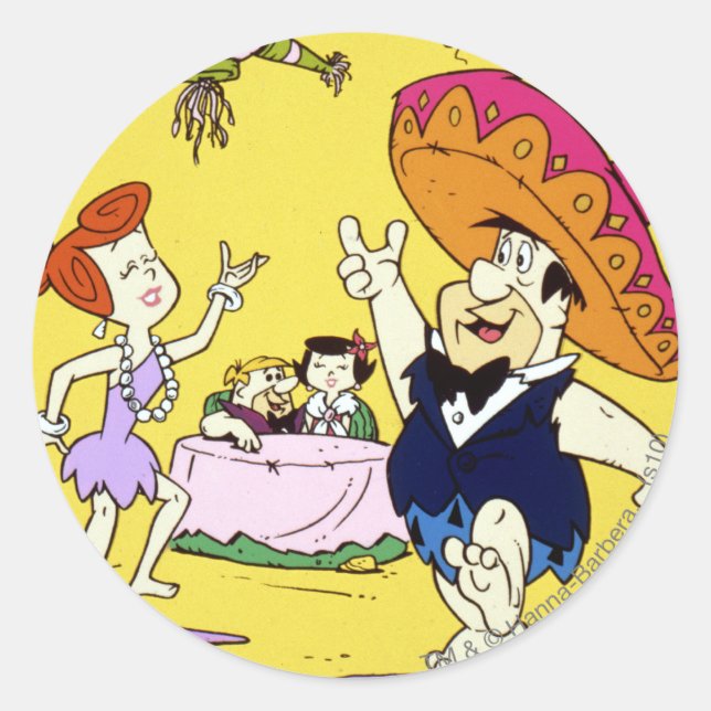 Fred Flintstone Wilma Barney und Betty Fiesta Runder Aufkleber (Vorderseite)