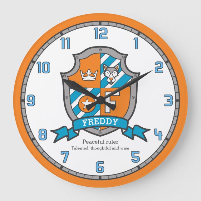 Freddy boys name meaning dog shield orange große wanduhr (Vorderseite)