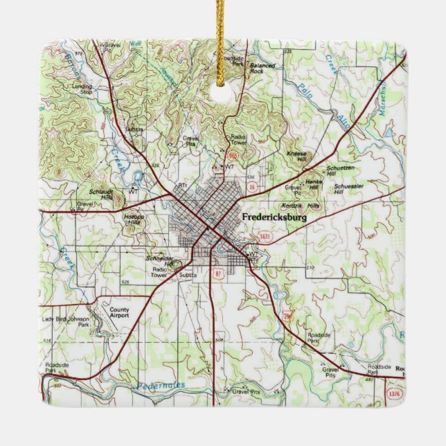 Fredericksburg TX Topo Karte Keramikornament (Rückseite)