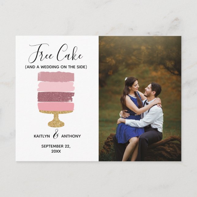 Free Cake Funny Modern Foto Hochzeit retten das Da Ankündigungspostkarte (Vorderseite)