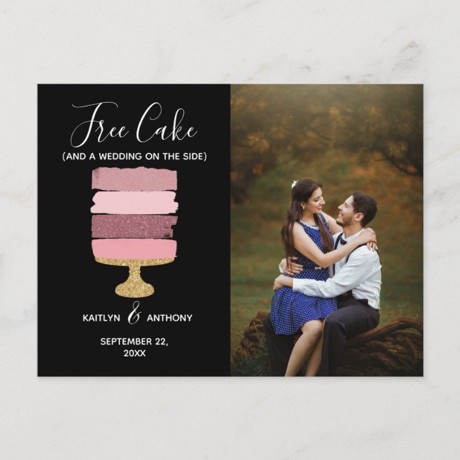 Free Cake Funny Modern Foto Hochzeit retten das Da Ankündigungspostkarte (Vorderseite)