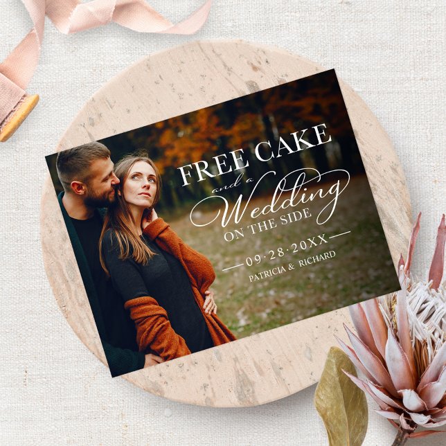 Free Cake Funny Wedding Save the Date Volles Foto Postkarte (Von Creator hochgeladen)