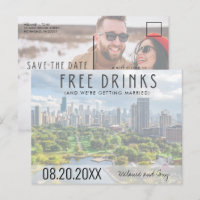 Free Drinks Chicago Skyline Wedding Save the Date