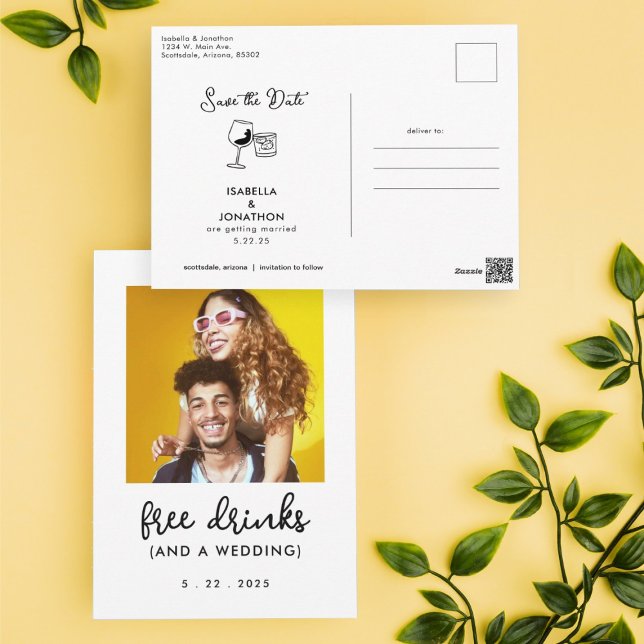 Free Drinks Funny Save the Date Foto Postkarte (Von Creator hochgeladen)