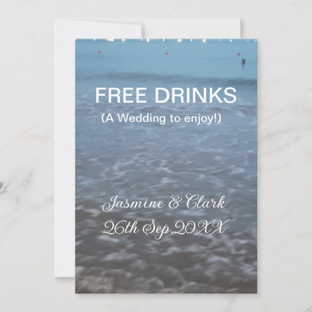 Free drinks save the date beach wedding add name  einladung (Vorderseite)