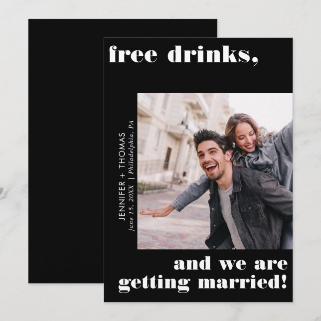 Free Drinks Schwarze Typografie Save the Date Einladung (Vorne/Hinten)