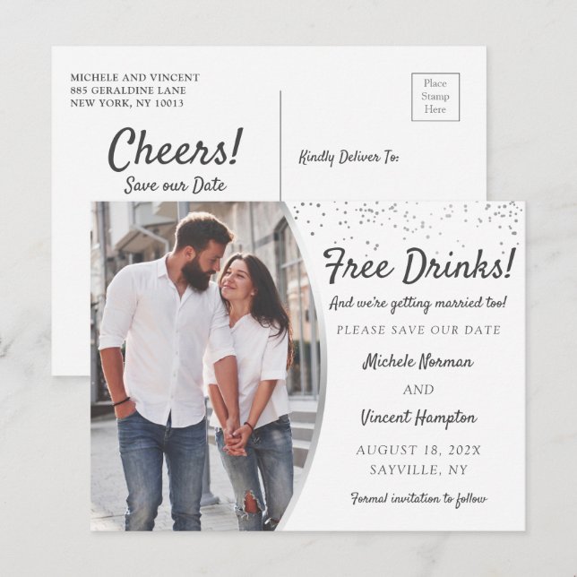 Free Drinks Silver Foto Save the Date Lässig Postkarte (Vorne/Hinten)