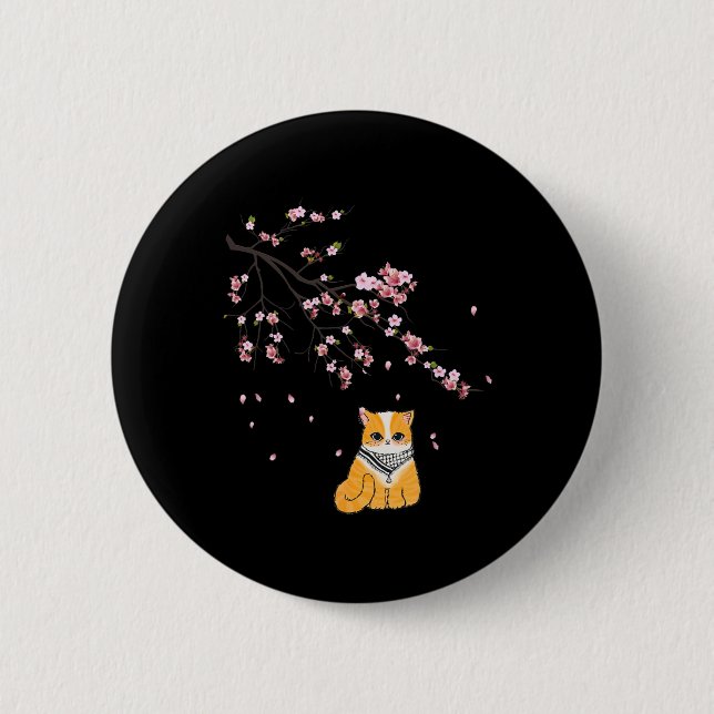 Free Palestine Niedlich Cat Cherry Blossom Sakura  Button (Vorderseite)