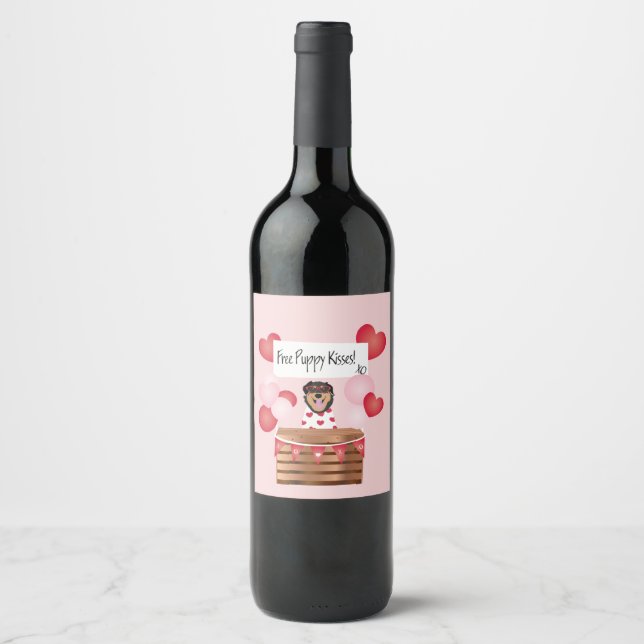Free Puppy Kisses Valentine Dog Weinetikett (Vorderseite)