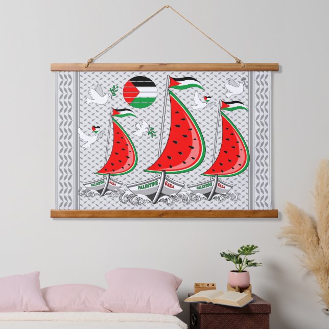 Freedom Global Sumud Flotilla Boats to Gaza Hangin Wandteppich Mit Holzrahmen (Schlafzimmer)