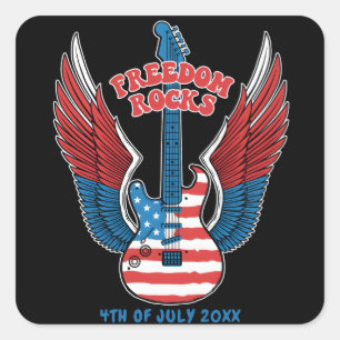 Freedom Rocks Gitarre mit amerikanischer Flagge Quadratischer Aufkleber
