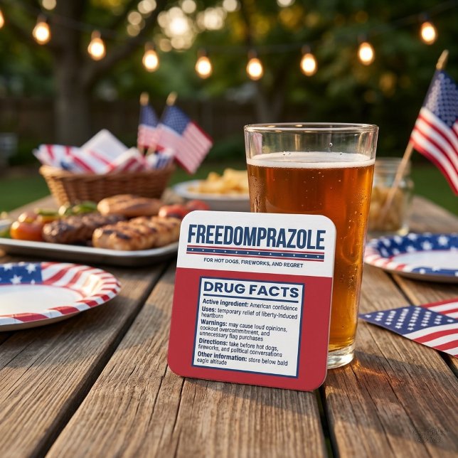 Freedomprazole Lustige 4. Juli Untersetzer (Freedomprazole drink coasters arranged in square pattern showing pharmaceutical-style fake label)