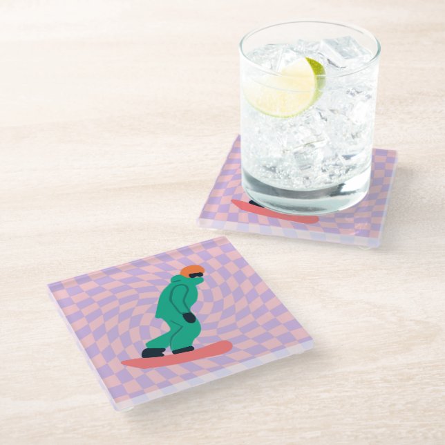 Freeride Snowboarder in grünem Anzug Checkered Glasuntersetzer (Schrägansicht)