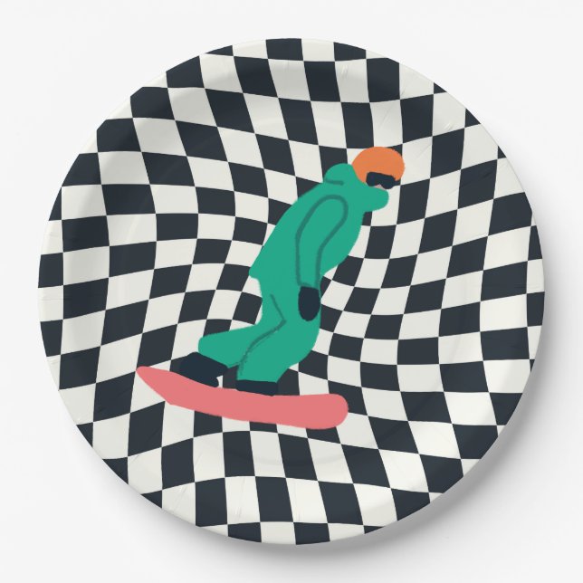 Freeride Snowboarder in grünem Anzug Checkered Pappteller (Vorderseite)