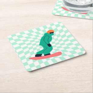 Freeride Snowboarder in grünem Anzug Checkered Rechteckiger Pappuntersetzer