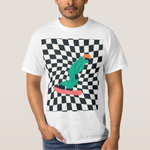 Freeride Snowboarder in grünem Anzug Checkered T-Shirt