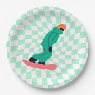 Freeride Snowboarder in grünem Anzug Schachtelminz Pappteller