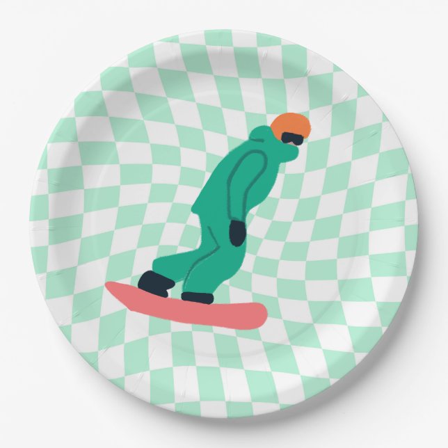 Freeride Snowboarder in grünem Anzug Schachtelminz Pappteller (Vorderseite)