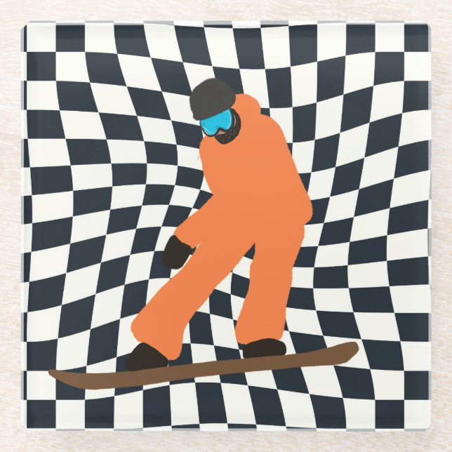 Freeride Snowboarder in Orange Anzug Checkered Glasuntersetzer (Vorderseite)