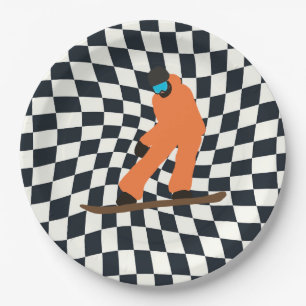Freeride Snowboarder in Orange Anzug Checkered Pappteller