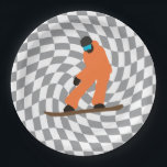 Freeride Snowboarder in Orange Anzug Checkered Pappteller<br><div class="desc">Coole skurrile Illustrationskunst von bunten Snowboardern, Snowboarden in Bergen, auf frischem Schneemulver. Snowboard und Xmas Outdoor Sport. Snowboarder Geschenke. Snowboarden Team Geschenke. Retro-verzogene Karos scheuerten sich beim Snowboarden.</div>