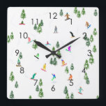 Freeride Snowboarder Snowboarden Illustration Quadratische Wanduhr<br><div class="desc">Coole skurrile Illustrationskunst von bunten Snowboardern,  Snowboarden in Bergen zwischen Kiefer,  Fichten,  Tannen auf frischem Schneemulver. Snowboard und Weihnachtssport in einem Winterwald. Snowboarder Geschenke. Weihnachtsdekor zum Snowboarden.</div>
