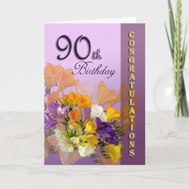 Freesias 90. Geburtstag Herzlichen Glückwunsch Karte (Vorderseite)