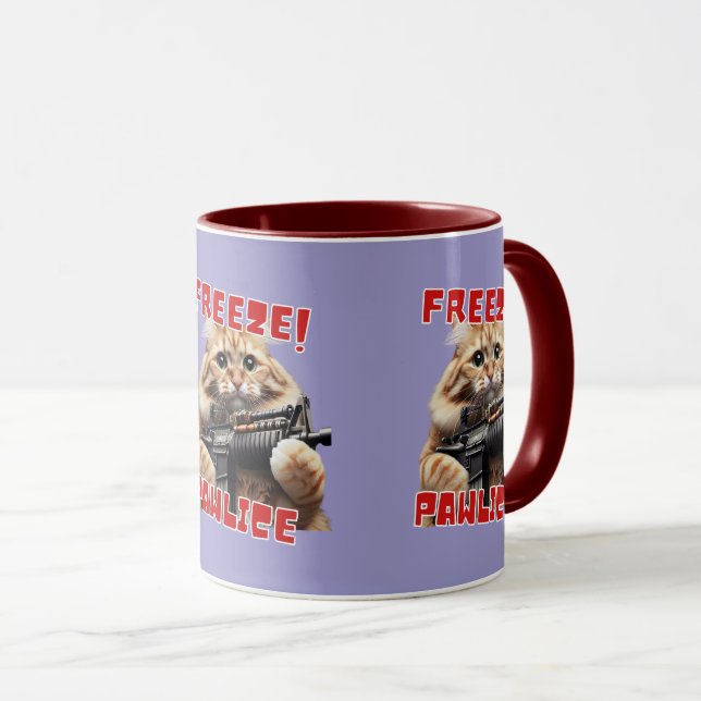 Freeze! Pawlice Funny Geschenk für Katzen Liebhabe Tasse (VorderseiteRechts)