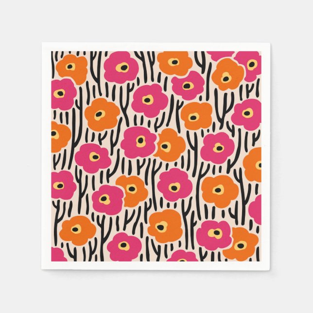 Frei gehaltene Blume Muster Hot Pink und Orange Serviette (Vorderseite)