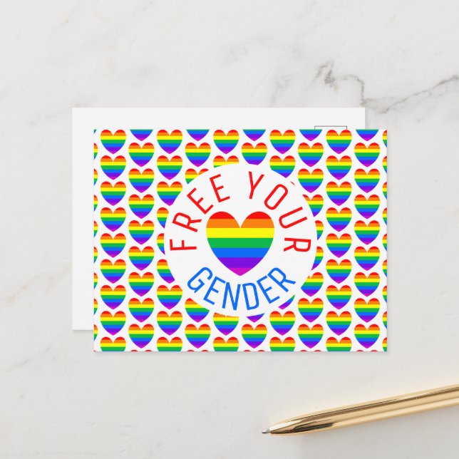 Frei Ihr Geschlecht, Regenbogenherz Postkarte (Vorderseite/Rückseite Beispiel)