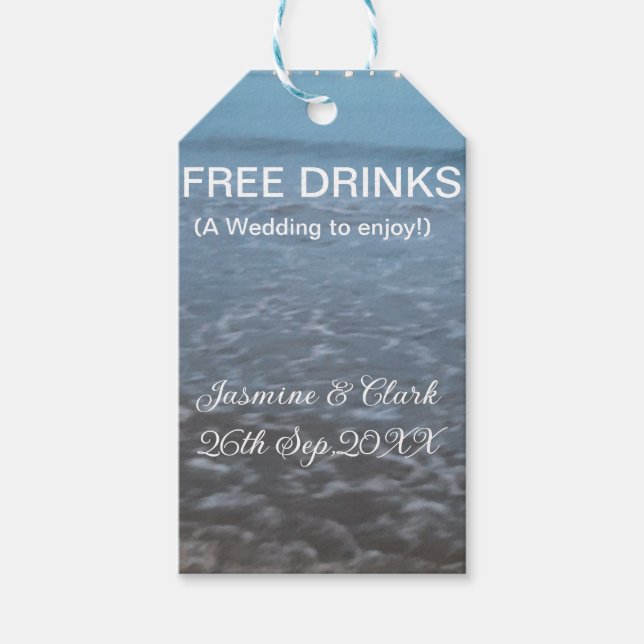 Freie Getränke Save the Date Strandhochzeit hinzuf Geschenkanhänger (Vorderseite)