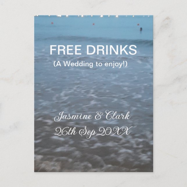 Freie Getränke Save the Date Strandhochzeit hinzuf Postkarte (Vorderseite)