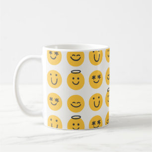 Freie Hand glückliche Emoji nahtlose Muster. Posi Kaffeetasse