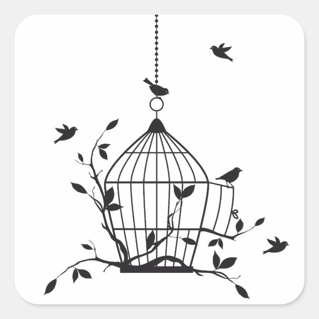 Freie Vögel mit offenem Vogelkäfig Quadratischer Aufkleber (Vorderseite)