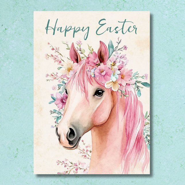 Freier Hübscher Horse - Ostern Feiertagskarte (Front - Free-Spirited Pretty Horse Floral Easter Holiday Card)